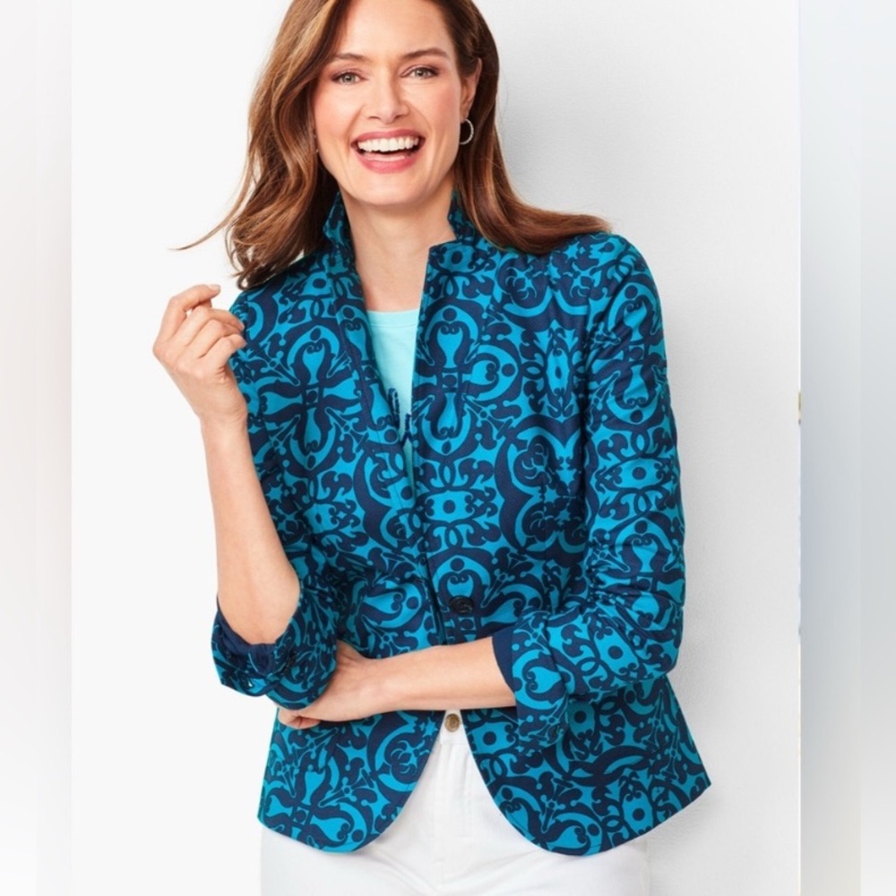 Talbots Blazer Medallion Print Cotton Blazer Blue‎ Womens 12 NWOT